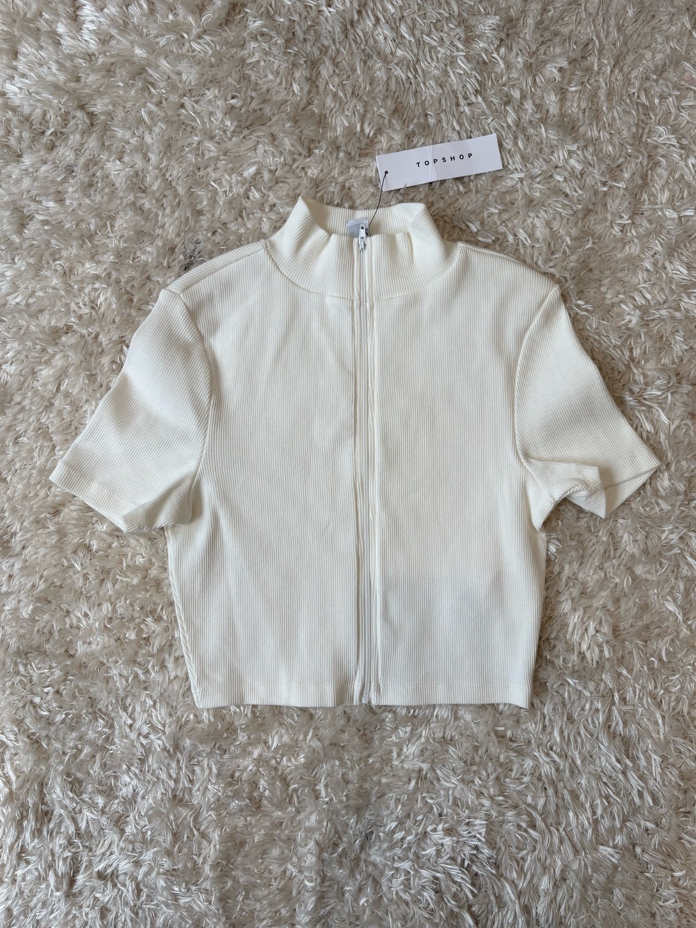 Topshop Cream Ivory Off White Ribbed Zip-Front Short Sleeve Top